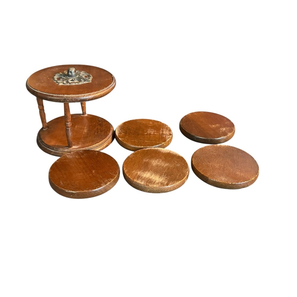 Vtg Apex Quality Taiwan Set 5 Wooden Coasters Cork Wood Holder Nice READ